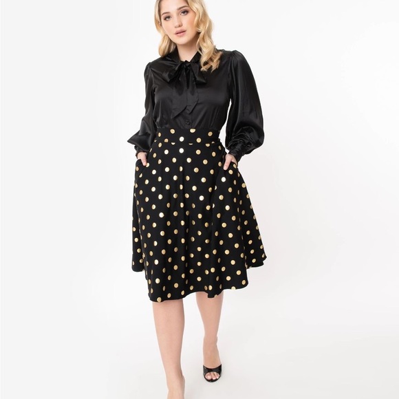 Unique Vintage Skirts Unique Vintage Retro Black Gold Polka Dot